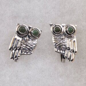 Vintage Mexico Silver Owl Earrings Green Stone Eyes, Screw Back, Taxco Style